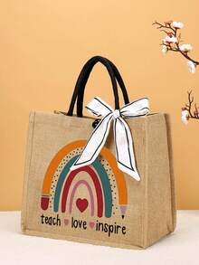 时尚简约印花手提袋，大容量印花手提袋，轻便大容量手提袋，可重复使用的粗麻布购物袋，带蝴蝶结的便携式旅行沙滩包，生日礼物，教师节，护士节，生日，周年纪念，最佳礼物