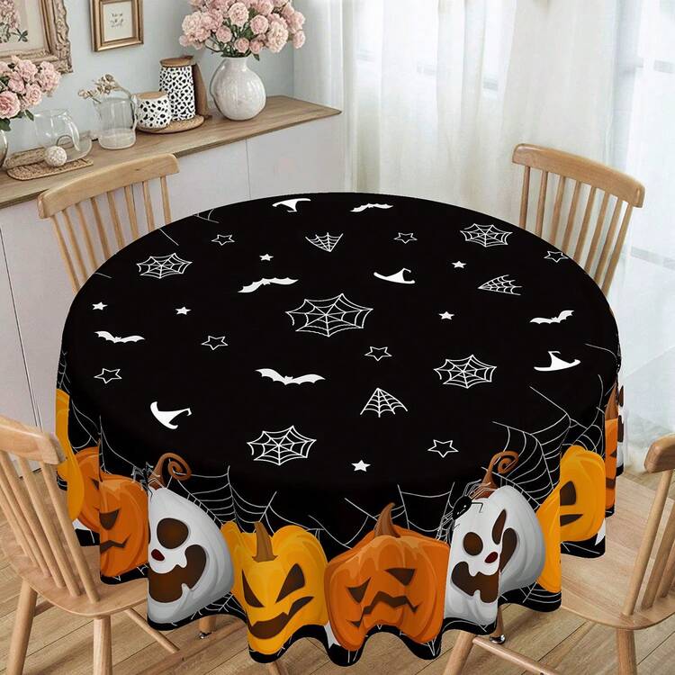 1pc Round Tablecloth Diameter 145cm (57.08inch), Rectangular Tablecloth 140x180cm (55.11inch X 70.86inch). Halloween Pumpkin Face Pattern Polyester Tablecover, Black Background With White Spider Web, Bats, Stars And Witch Hat Patterns, Suitable For Round Dining Tables, Holiday Gatherings And Party Decor - Black and White - View 2