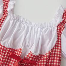 Women Halloween Miss Red Costumes Fairytale Short Puff Sleeve Plaid Print Short Mini Corset Dress With Hooded Cape 2pcs Cosplay Clothes For Adult - 紅色 - 查看 5