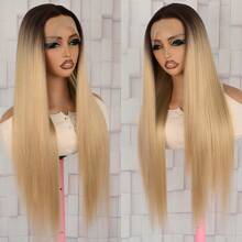 Brown Blonde Ombre Color Wigs Long Silky Straight Lace Front Wig Colorful Glueless Lace Front Synthetic Halloween Wig Heat Resistant Fiber Hair Replacement Wig For Women Cosplay Party & Daily Use