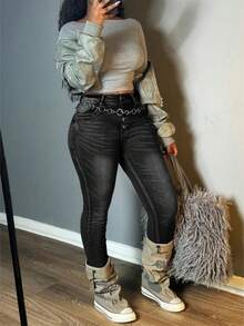 Women Fashion Single-Breasted Slim-Fit Blue Jeans Button Zipper Stretchy Denim Pants With Pockets Women's Casual Style Jeans And Clothing Sizes Run Small, We Recommend Ordering One Size Up. - 灰色 - 查看 3