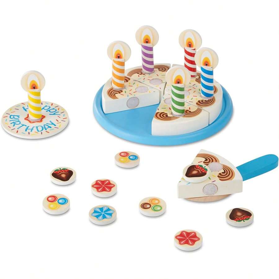 & Doug Pastel de Fiesta de Cumpleaños, Alimento de Juego, Juguete de Madera, Ingredientes para Combinar y 7 Candelas, Construcción Resistente (34 Piezas) - 1 - Ver 1