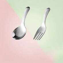 [2pcs Durable Stainless Steel Cutlery] 2pcs Durable Stainless Steel Compact Cutlery Set - Portable Spoon And Fork Combo With Short Handle For Travel, Students, Dining - Soup Spoon, Dessert Fork Kit - 銀色 - 查看 1