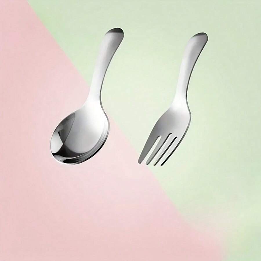 [2pcs Durable Stainless Steel Cutlery] 2pcs Durable Stainless Steel Compact Cutlery Set - Portable Spoon And Fork Combo With Short Handle For Travel, Students, Dining - Soup Spoon, Dessert Fork Kit - 銀色 - 查看 1