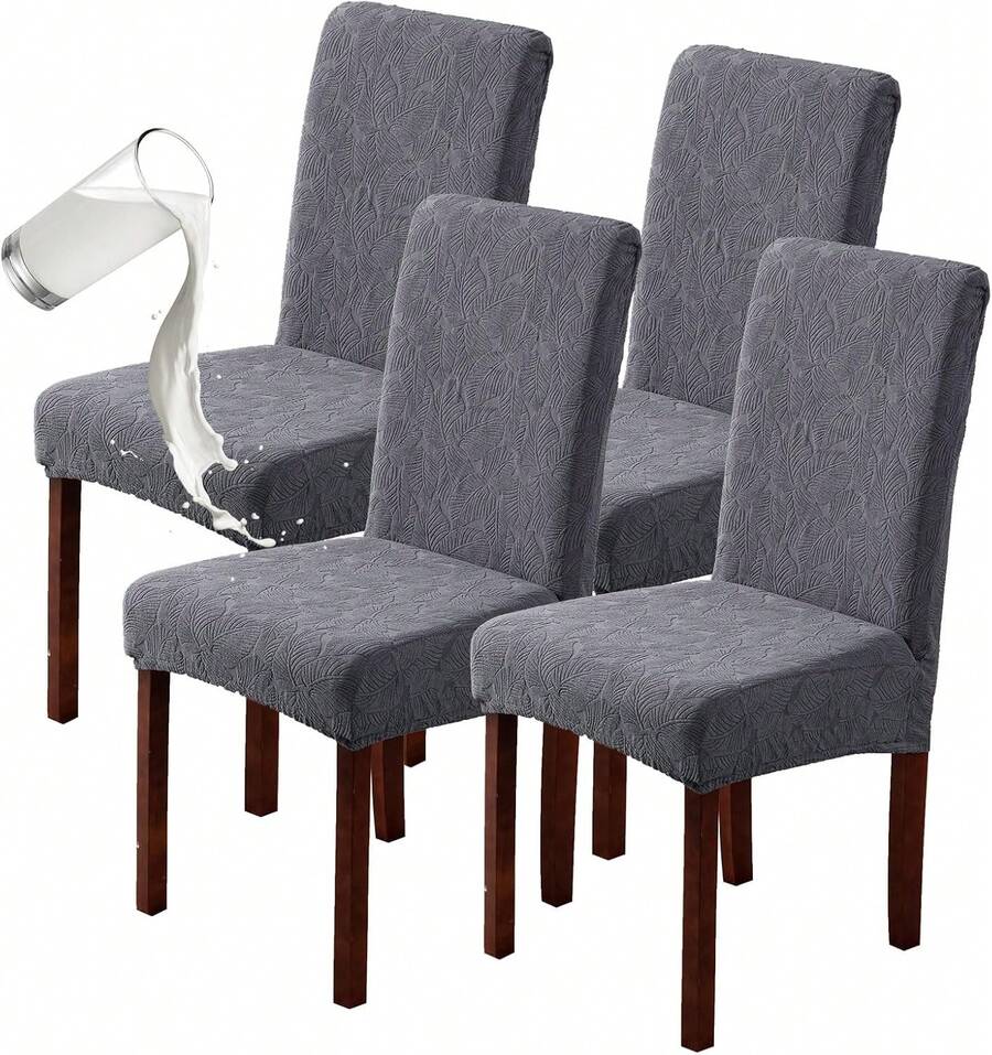100% Waterproof Dining Room Chair Covers Set Of 4 Stretch Kitchen Chair Covers Parsons Chair Slipcovers For Dining Room Chair Protector Cover, Removable, Washable (Leaf Pattern-Dark Gray),8653863
