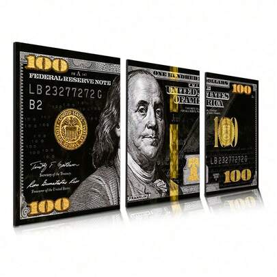 Quadros Decorativos Kit 3    60x120 Nota De 100 Dólares Luxo Sala Hal  Mural De Painel Espesso De 8mm