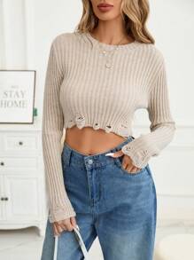 Femmes Pull tricoté court à col rond, avec design déchiré polyvalent de couleur unie, manches longues, pour l'automne/l'hiver