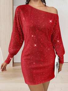 Women's Off One Shoulder Sequined Dress Slim Fit Stylish Sparkly Long Sleeve Mini Bodycon Dress - 紅色 - 查看 4