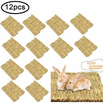 Set de 12 piezas Alfombra tejida natural para conejo - Alfombrilla de hierba y cama para conejo - Juguetes naturales para roer cama para cobayas, hámsters, gatos y pequeños animales