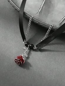 1 件万圣节哥特式油画玫瑰花链流苏颈链，黑色丝带项链，适合女士派对性感服装配饰 - 黑色 - 查看 3