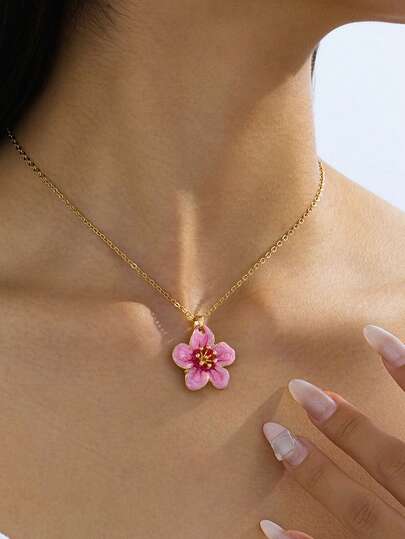 1pc Summer Beach Style Pink Pentagonal Flower Pendant Necklace For Women, Wedding Gift
