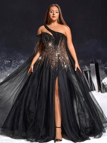 VIPGIRL Đầm dạ hội xẻ cao cỡ lớn dành cho nữ, được trang trí bằng sequin bất đối xứng và tay áo voan bồng bềnh, thích hợp cho các buổi dạ hội, tiệc tùng, đám cưới và các dịp khác. - màu đen - Xem 3