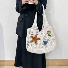 Starfish Pattern Hollow-Out Solid Color Large Capacity Tote Bag, Adorable Marine Life Mermaid, Seashell, Jellyfish Pattern Sequin Embroidery Sequins Decoration Summer Beach Bag, Mesh Multi-Functional Commuter Bag, Crochet Hobo Bag, Y2K Shoulder Bag, Gift For Women, Suitable For Leisure, Vacation, Beach