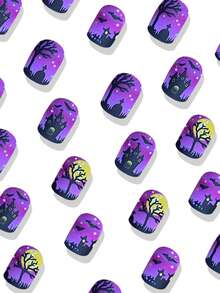 24Pcs Small Square Nails Halloween Purple Black Castle Moon Bat Black Tombstone And Tree Fake Nails Halloween Summer Nails Short Nails Nails Press On, Press On Nails Nail Supplies Nails