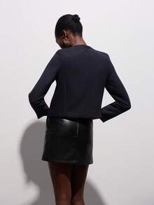 女士优雅休闲粗花呢夹克春秋时尚圆领装饰长袖纯色外套 - 藏蓝色 - 查看 2