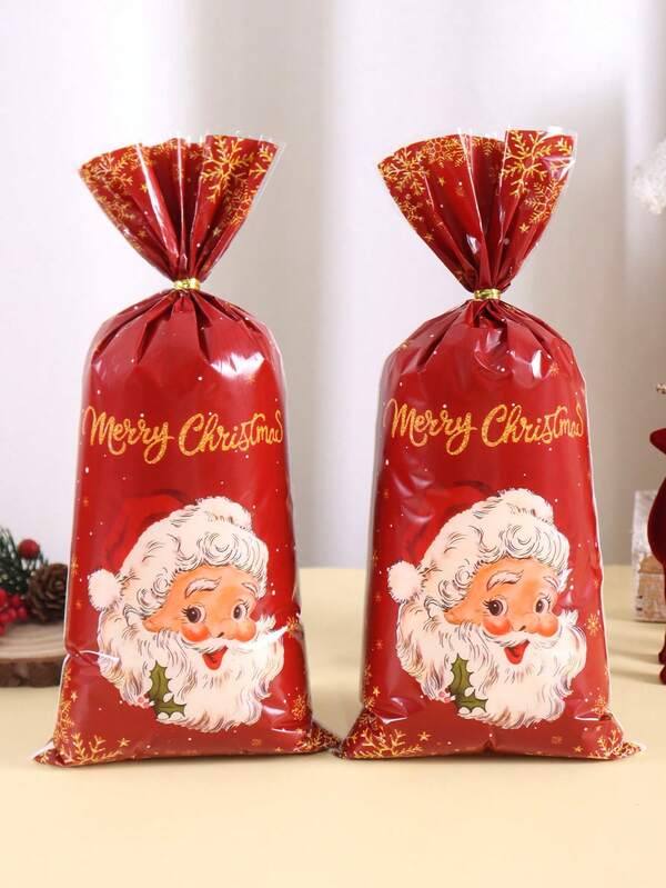 25/50/100 件圣诞老人圣诞快乐塑料礼品袋，配金色扭结红色玻璃纸零食袋圣诞装饰 2025 适用于家庭圣诞节庆祝活动可重复使用的派对礼品袋礼品包装袋冬季节日派对装饰新年快乐 2026 多用途圣诞节圣诞装饰圣诞睡衣圣诞礼物圣诞装饰