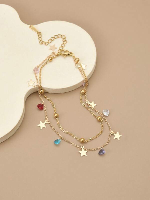 1 pièce Bracelet de cheville en acier inoxydable à double couche pour femmes avec perles étoiles en zirconium cubique multicolores à la mode (la couleur du zirconium est mélangée et aléatoire, peut différer de l'image principale, le produit réel prévaut)