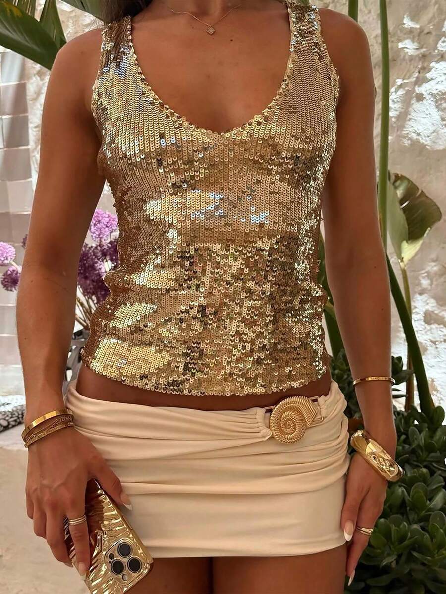 Women's Summer Crop Tank Tops Casual Shiny Sequins V-Neck Sleeveless Shirt Aesthetic Clothes For Streetwear - 金色 - 查看 1