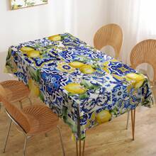1 pieza Mantel de poliéster con patrón de azulejos cerámicos de limón vibrante y azul - Excelente para fiestas de verano, cumpleaños, decoración del hogar, dormitorio, decoración de cocina con limones