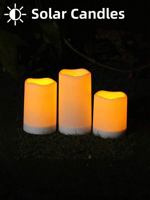 3pcs Waterproof Solar Candles, Solar Powered, Outdoor Solar Flameless Candles, Lanterns With Sensor, Dusk To Dawn, For Halloween, Valentine's Day, Christmas, Weddings, Parties, Home Decor And Other Holiday Candles