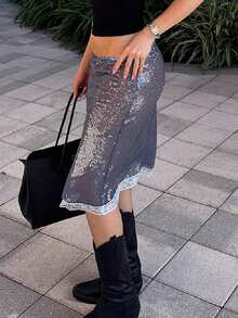 Women's Fashion Midi Skirts Sequins Lace Trim Low Waist Skirts Summer Fashion Bodycon Skirts - Màu xanh lam - Xem 6