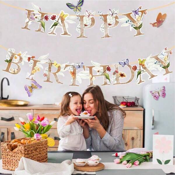 1set,Flower Butterfly Happy Birthday Banner, Boho Groovy Floral And Butterflies Birthday Letters, Wildflower Butterfly Garden Party Decorations For 1st Sweet 16 21st 30th 40th 50th 60th 70th Birthday Party