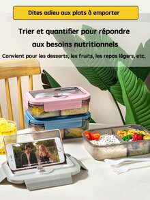 1400ml Microwave Bento Box, 3-Compartment, With Utensils, Suitable For Picnic, Work, School, Camping And Fitness - Multicolor - View 9
