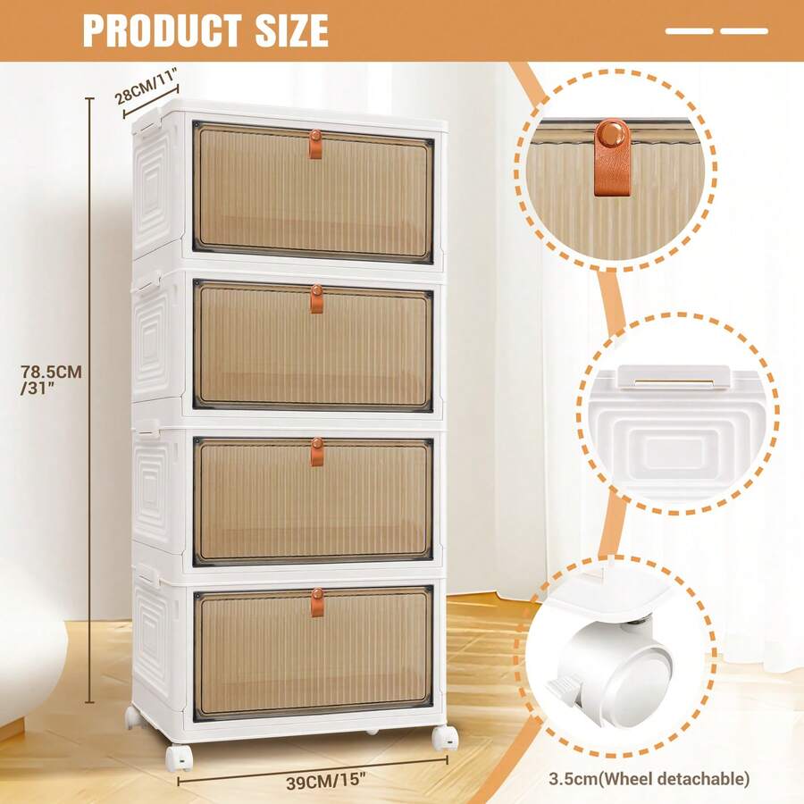 Royalswill 4 Layers Stackable Storage Box, Plastic Storage Box With Lid And Wheels Easy To Use Space Saving, Suitable For Clothes, Bathroom, Bedroom, Living Room, Study Room - 4 Layers - White - View 1
