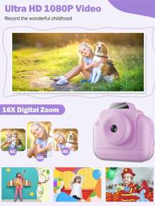 1 Pezzo Fotocamera istantanea per bambini, Schermo HD da 2,4", Zoom digitale 16X, Video 1080P, Lettore MP3, 20 cornici e 5 filtri, 4 effetti specchio, 3 rotoli di carta per stampa inclusi, Ricarica USB Type-C, Dotata di cordino per fotocamera, Graffiti personalizzati divertenti, Batteria ad alta capacità da 1300mAh