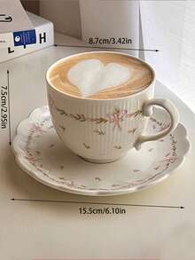 1pc Ins Style Afternoon Tea Cup Set, Korean Girly Pink Floral Bow Retro Ceramic Coffee Cup - White - View 7