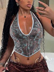 Apperloth A Y2K Vintage Leopard Print V-Neck Boned Grommet Eyelet Front Lace Up Back Halter Corset Shapewear Party Crop Vest Top - 彩色 - 查看 1