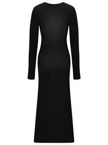 Liso, Elegante, Informal, Fruncido, Cremallera, Tejido de punto acanalado, Formal y de Noche - Negro - Ver 5