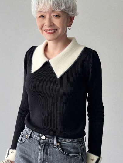 FRIFUL 女士拼色领长袖休闲针织毛衣，秋冬，长袖上衣，秋季女装