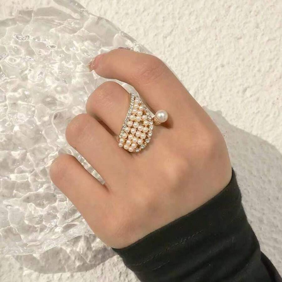 1 件优雅仿珍珠翼形设计戒指，适合日常佩戴 - 金黃色 - 查看 1