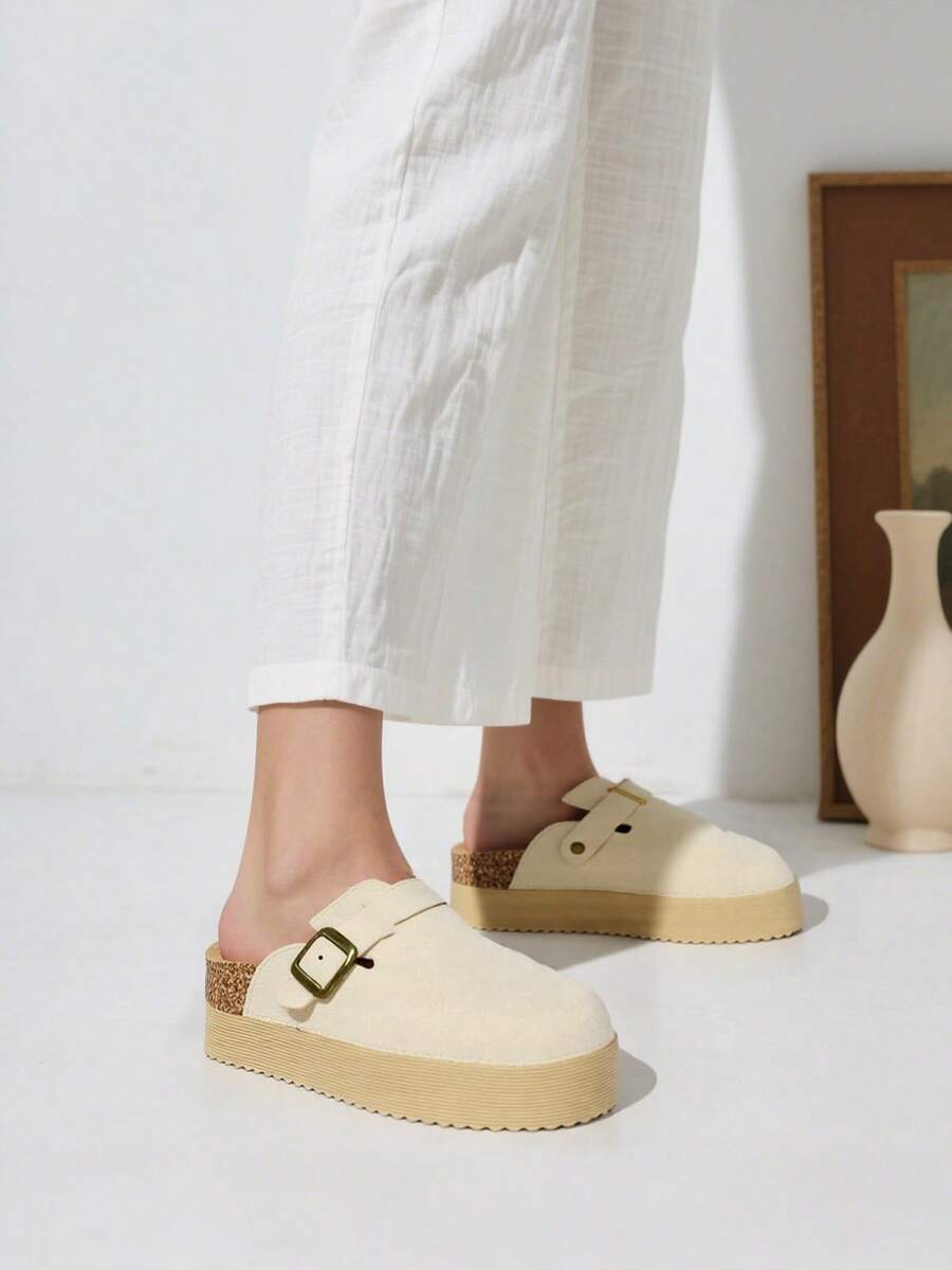Women's Platform Clogs With Round Toe, Women's Clogs Flip Flops, Cork Insole And Adjustable Buckle Strap - 米色 - 查看 1