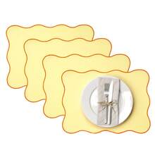 4pcs, Modern Solid Color Placemat Weaving Texture Composite Backing Scalloped Embroidery Edges Heat-Resistant Table Mat