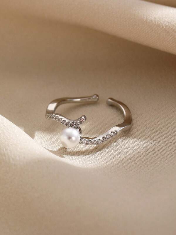 1pc Summer Vacation Style Faux Pearl & Cubic Zirconia Women Open Ring, Fashion, Elegant For Daily, Party, Social Gathering