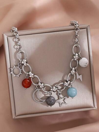 ZIRUISP 不锈钢项链闪电星月亮太阳天然石珠吊坠波西米亚风格女士饰品适合日常休闲节日佩戴