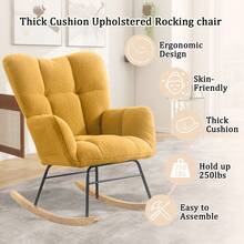 Nursery Rocking Chair Teddy Upholstered Glider Rocker,Rocking Accent Chair Padded Seat With High Backrest ,Solid Wood Legs For Nursery Bedroom Living Room - Yellow - View 7