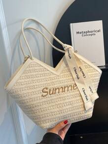 2024新款时尚小丑拼色设计褶皱纹理大容量双手柄单肩托特包，适合旅行、购物、通勤，带围巾装饰