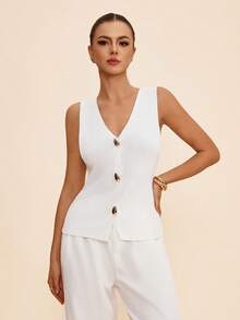 女士新款时尚简约优雅金属水滴纽扣无袖背心，V领修身针织商务上衣，春夏秋季