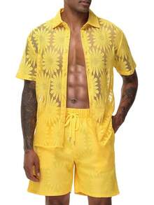 Men Summer Casual Short Sets Lace Short Sleeve Button Down Shirt Elastic Waist Shorts 2 Piece Outfits Tracksuithalloween - 橘色 - 查看 1