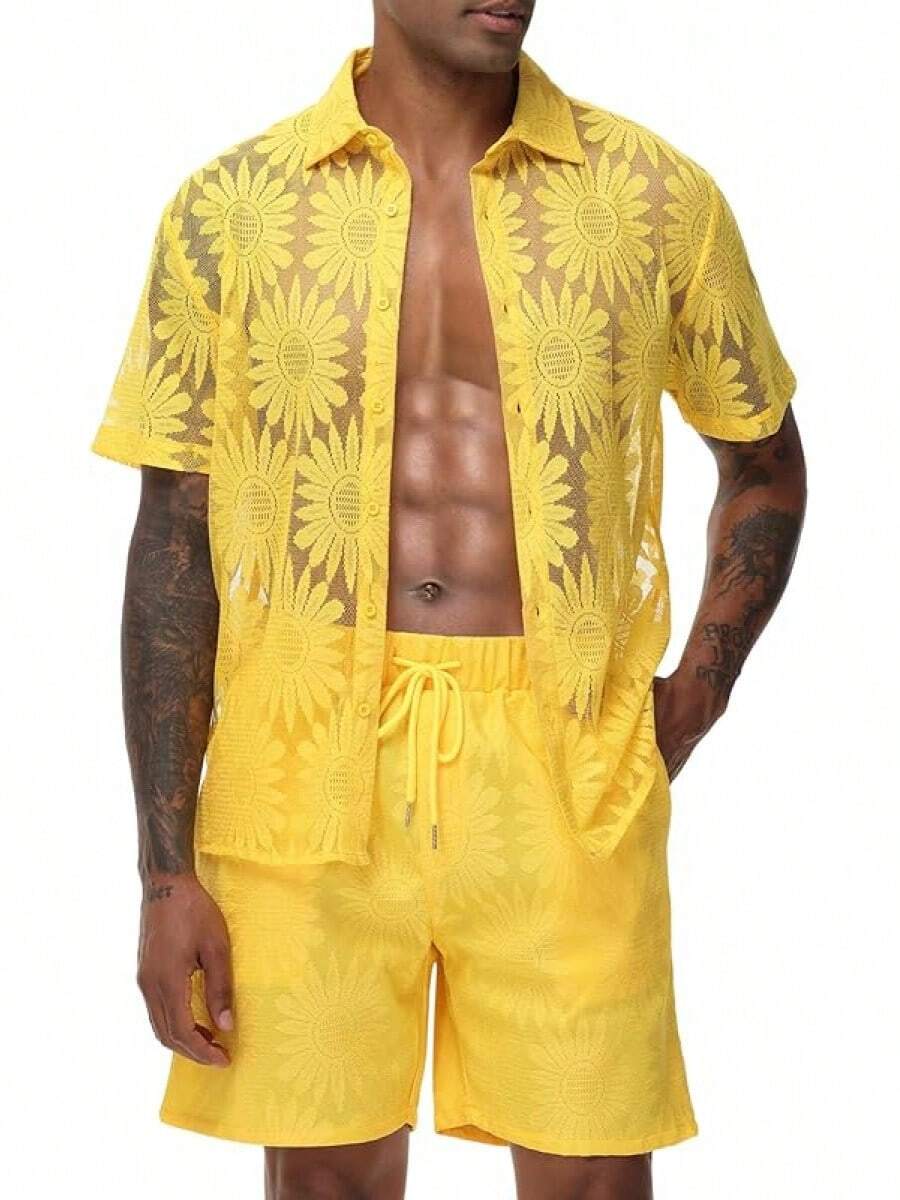 Men Summer Casual Short Sets Lace Short Sleeve Button Down Shirt Elastic Waist Shorts 2 Piece Outfits Tracksuithalloween - 橘色 - 查看 1
