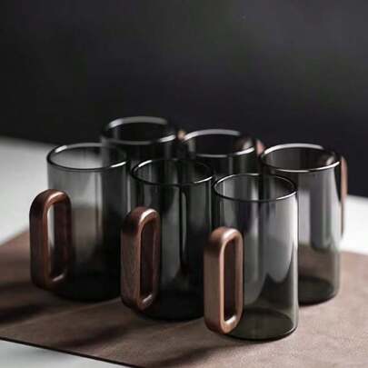 6 delar 360 ml set, ny design med trähandtag, svart glasmugg, värmebeständiga glasmuggar med hög borosilikathalt och handtag för hemmet, kontoret, gäster, te-/vattenmugg med hög kapacitet