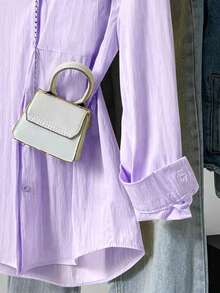 Solid Color Button Front Pocket - Elegant Basic Solid Color Shirt, Fashionable Lapel Long Sleeve Shirt, Casual Shirt For Spring And Autumn, Women's Autumn Clothing - Purple - View 5