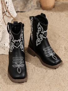 儿童靴子，百搭户外时尚童鞋，舒适内衬西部公主靴，带可爱刺绣 - 黑色 - 查看 1