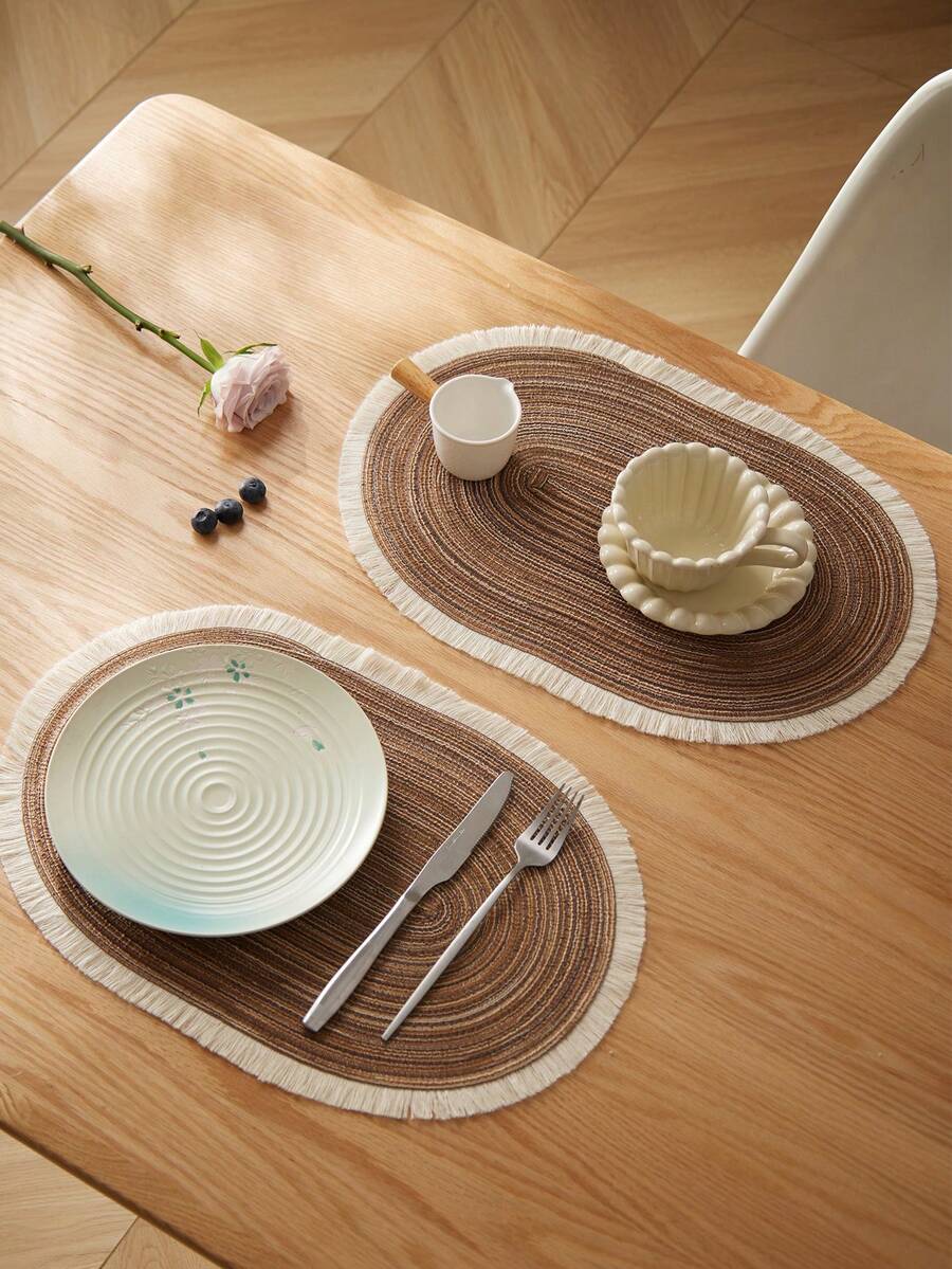 1/2/4/6/8 件简约渐变色牛奶咖啡色椭圆形涤纶餐垫 - 棕色1 - 查看 1
