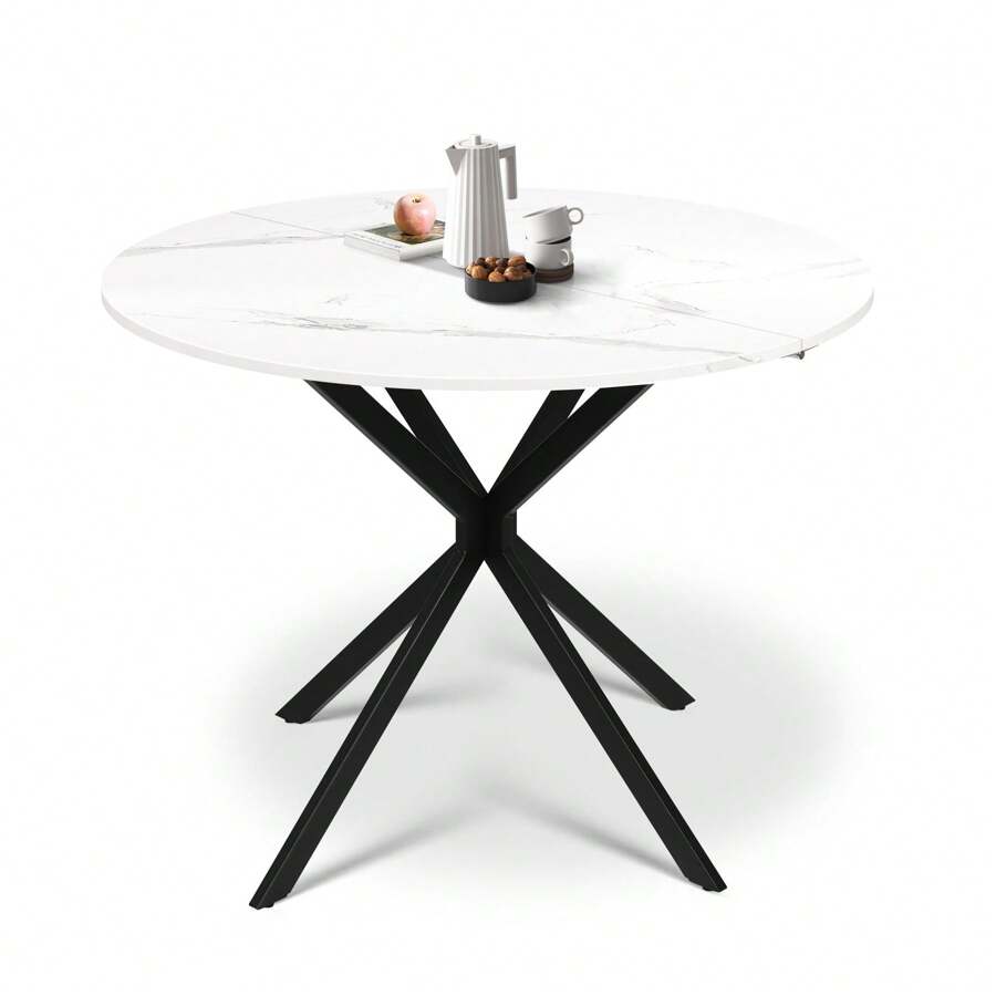 Folding Dining Table, Round Drop Leaf Table For Small Space Dining Room, Kitchen, Apartment Table - White Marble Effect - View 1