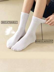 1/5/10双装女士纯色休闲中筒袜，柔软舒适蓬松，适合日常穿着、居家、办公、学校、运动，白色，舒适保暖