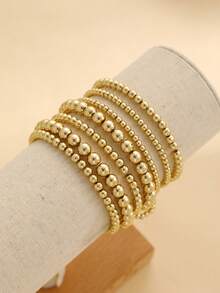 7pcs Elastic Handmade Beaded Bracelet Set, Universal Design With CCB Round Beads - Yellow Gold - View 2